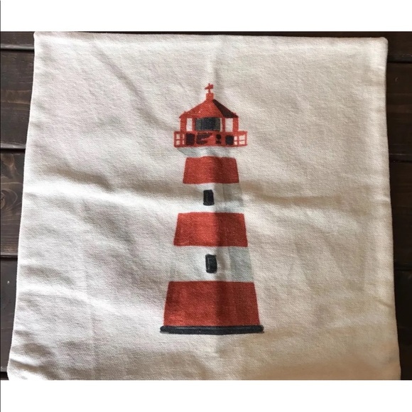 New Indigo White Throw Pillow Nautical Print Lighthouse Cabin Square Cotton - Picture 2 of 8